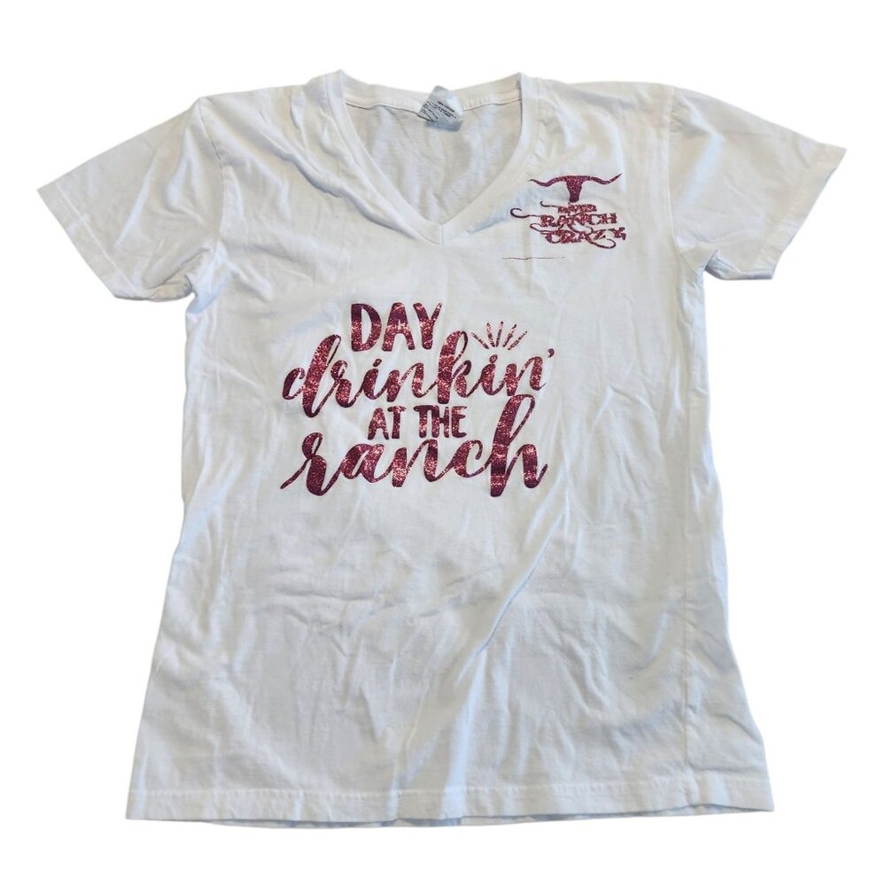 Day Drinking At The Ranch T-Shirt Shirt River Ranch Crazy V-Neck Womens Small‎